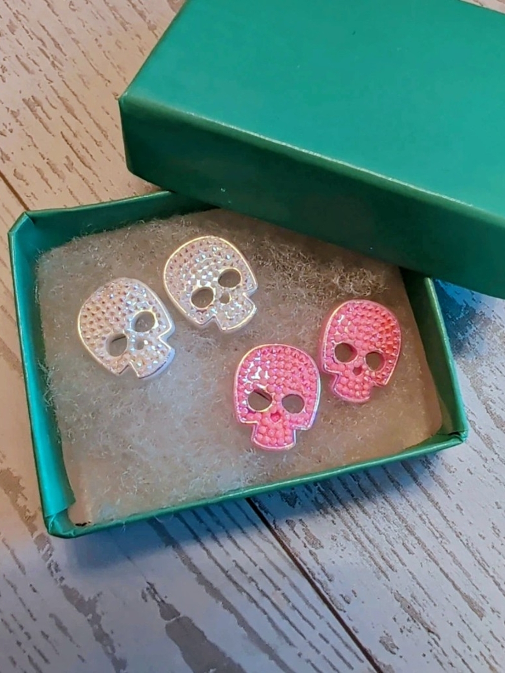 Pink and White Skull Stud Earrings